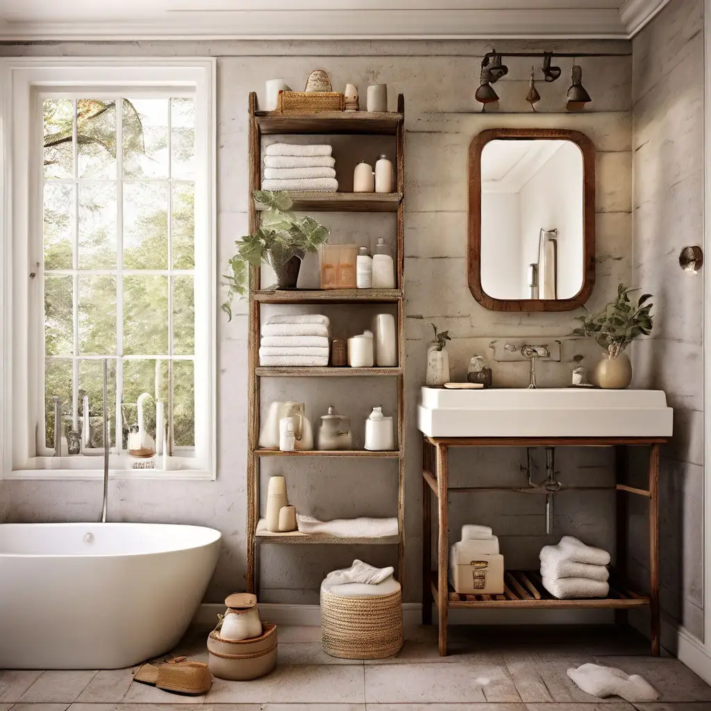 Bathroom with tall cabinets and floating shelves 8