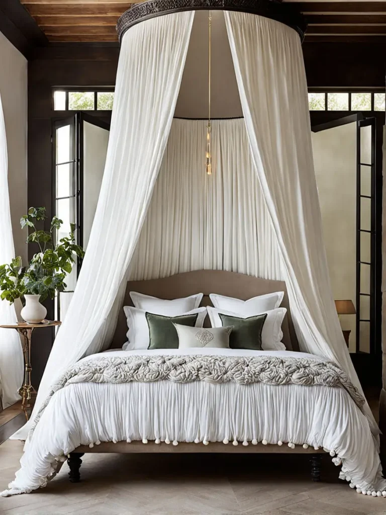 Bedroom with a canopy bed and calming textiles 14