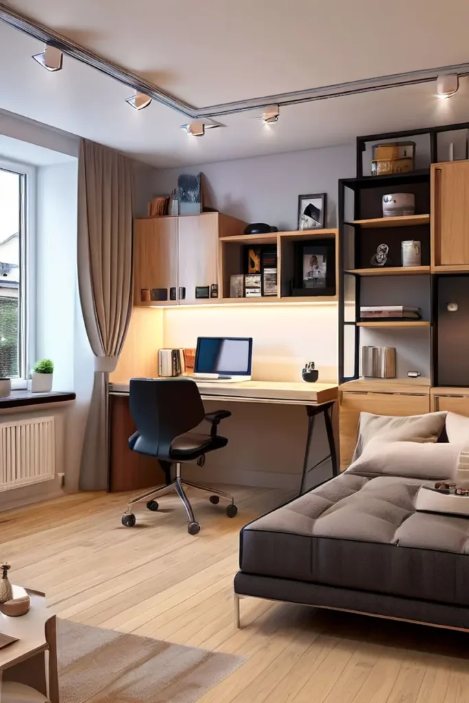 Bedroom with a small desk or corner shelves in an unused corner 12