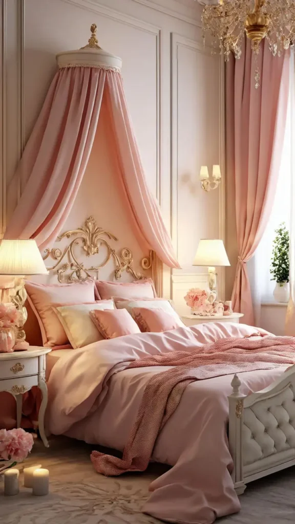 Bedroom with blush pink walls and bedding 8