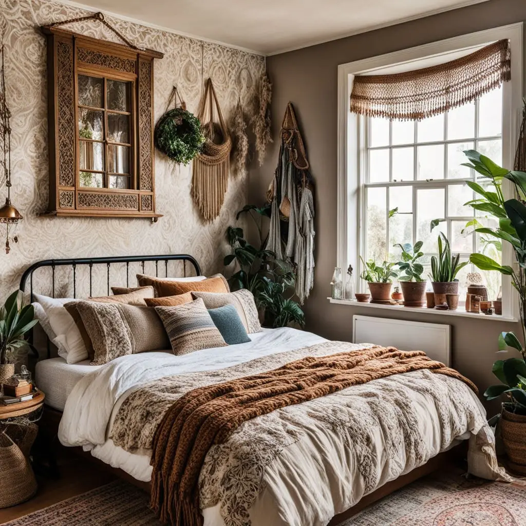 Bedroom with bohemian decor and earthy colors 25