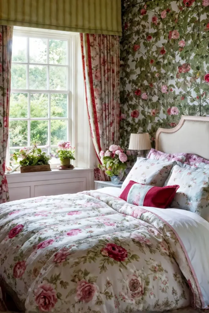 Bedroom with floral wallpaper and accents 5