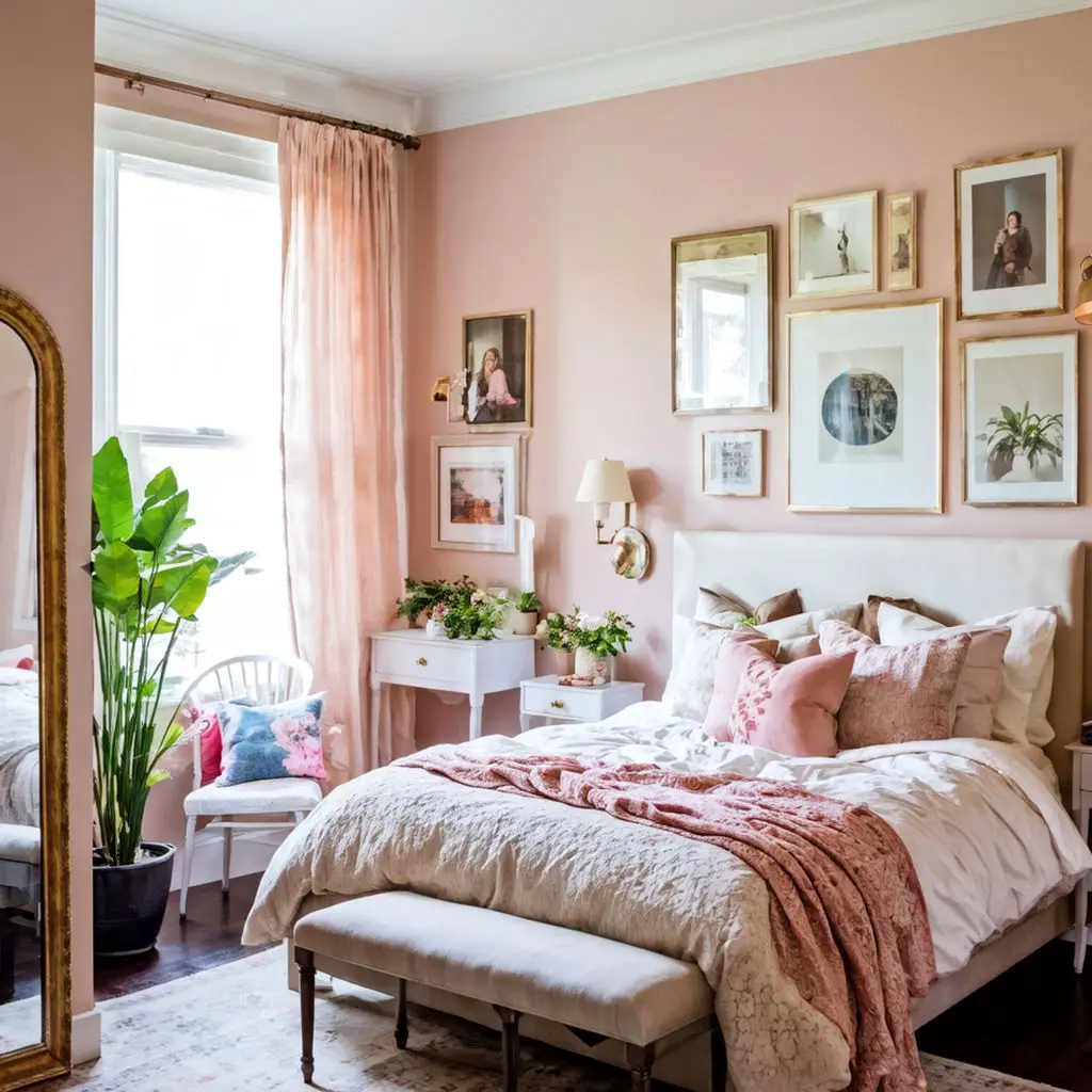 Bedroom with peach-colored walls and bedding 1