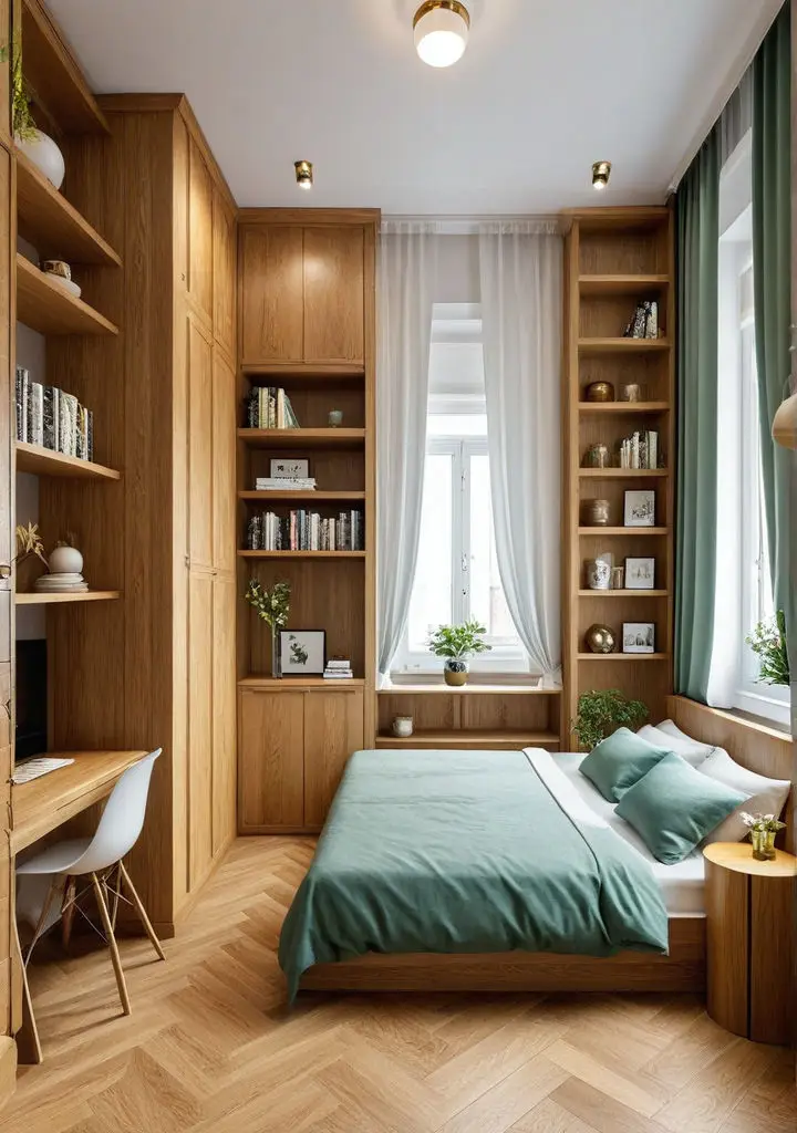 Bedroom with tall shelves and cabinets mounted on the wall 2