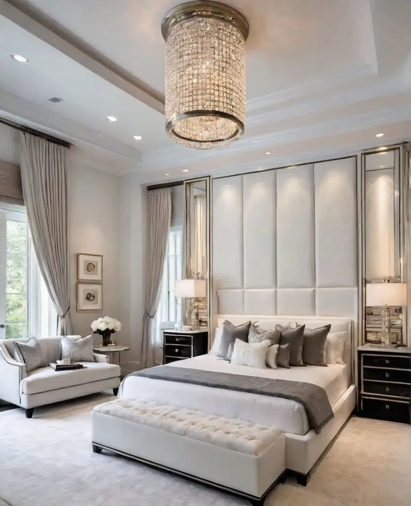 Bedroom with wall-mounted sconces above the bedside tables 7