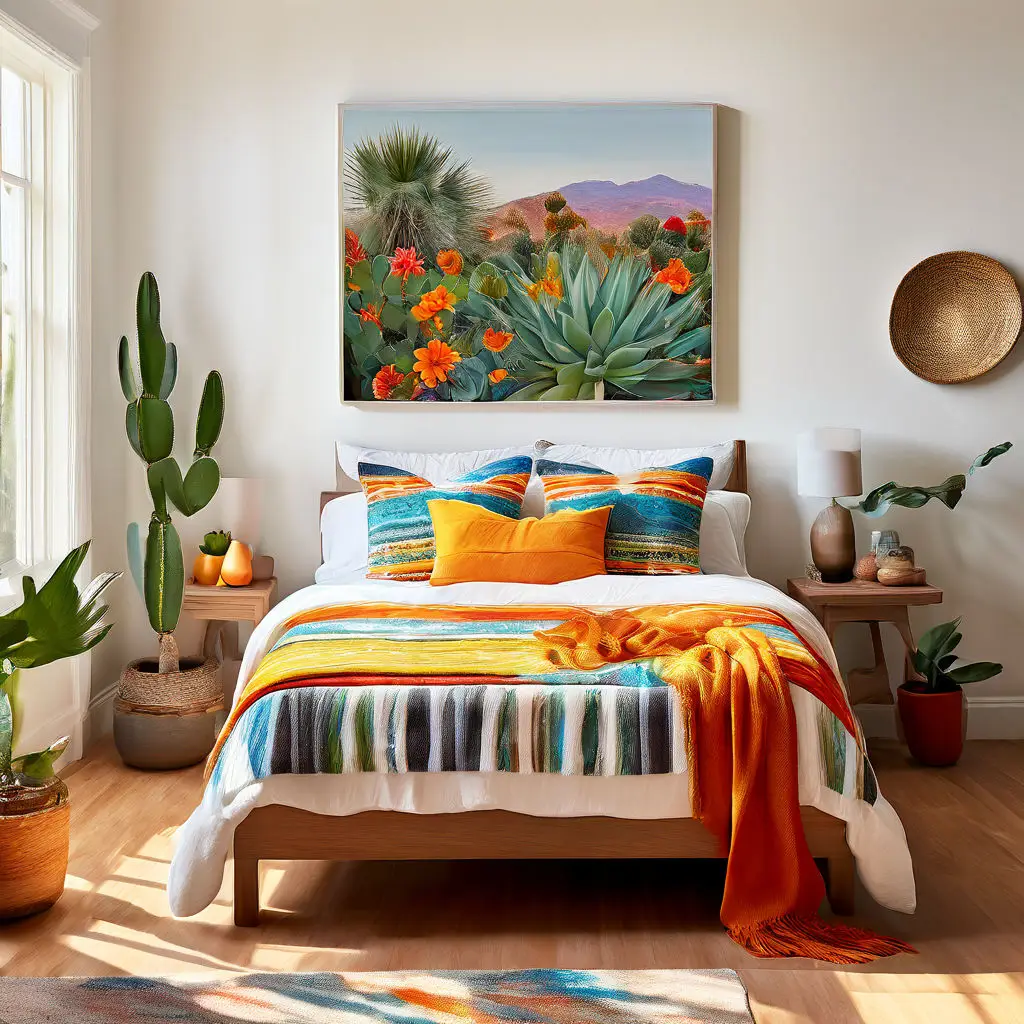 Small bedroom with large-scale artwork above the bed 13