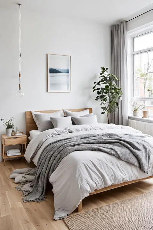 Small bedroom with white walls and soft grey bedding 3