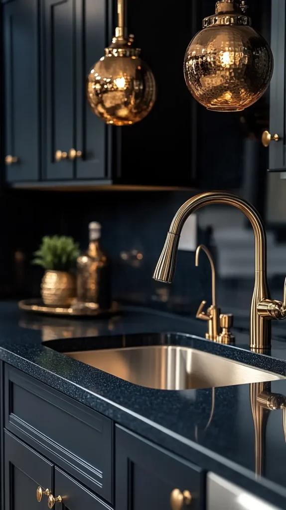 1. Matte Black Kitchen Cabinets with Gold Accents