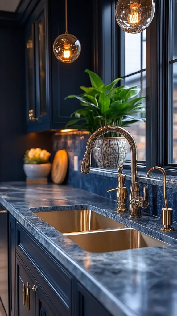 10. Black Kitchen with Brass Accents