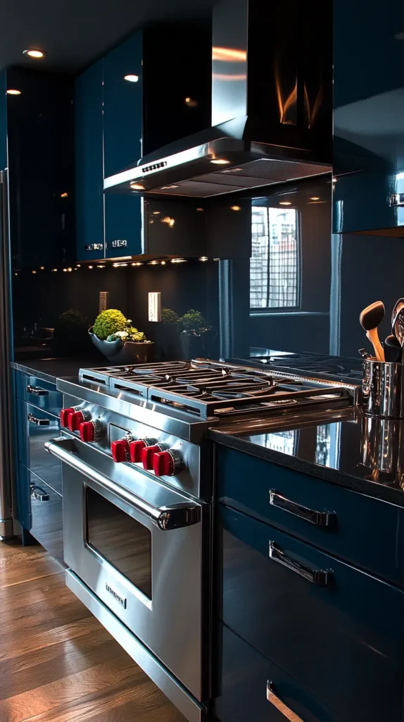 15. Black Kitchen with Metallic Finishes