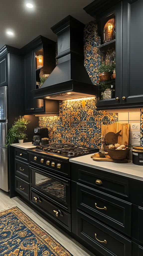 18. Black Kitchen with Bold Patterns