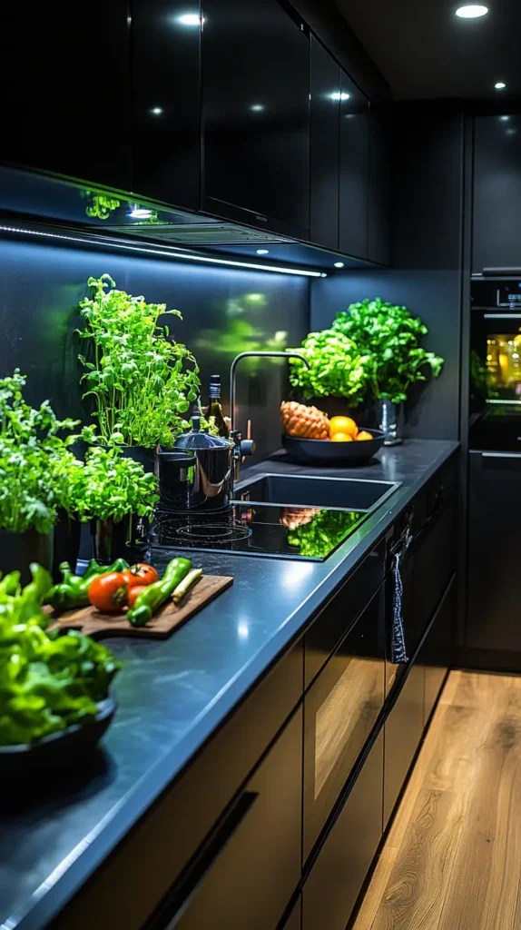 19. Black Kitchen with Glass Elements