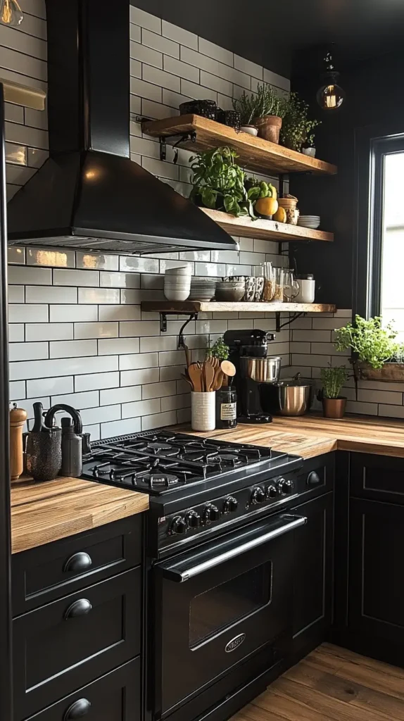 23. Black Kitchen with Open Shelving