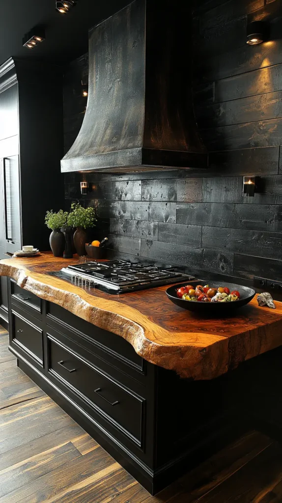 26. Black Kitchen with Wood Island