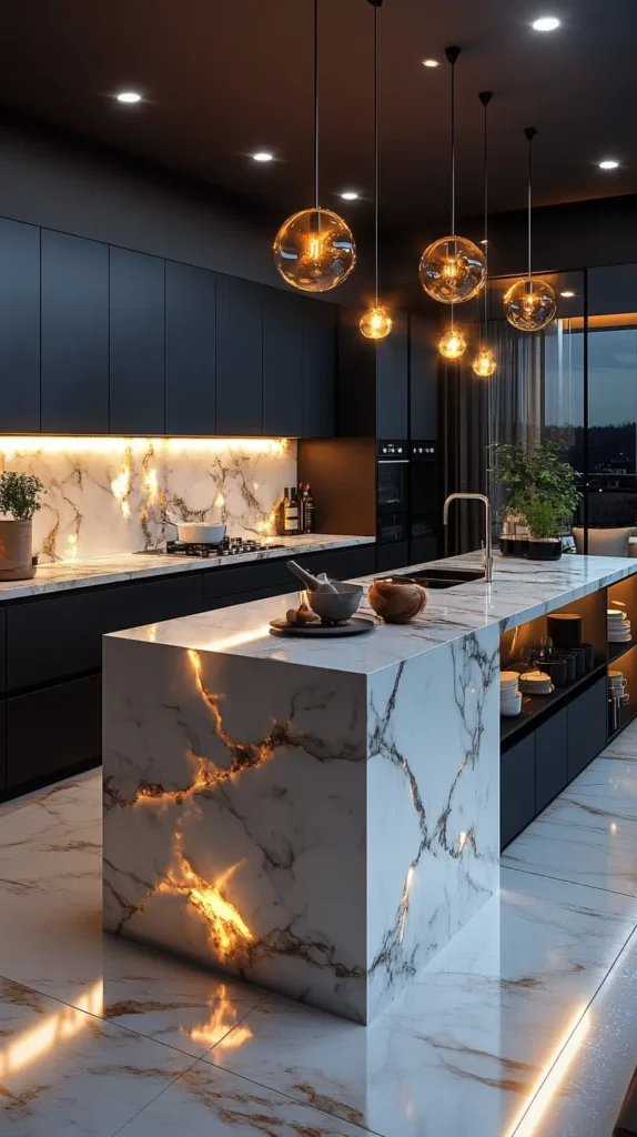 27. Black Kitchen with Marble Island