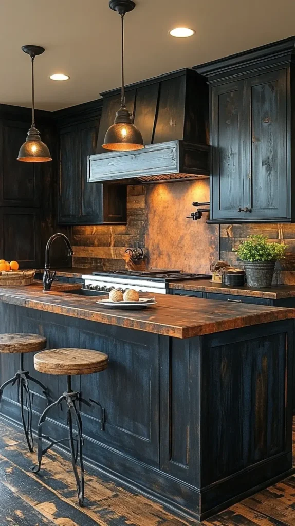 29. Black Kitchen with Rustic Accents