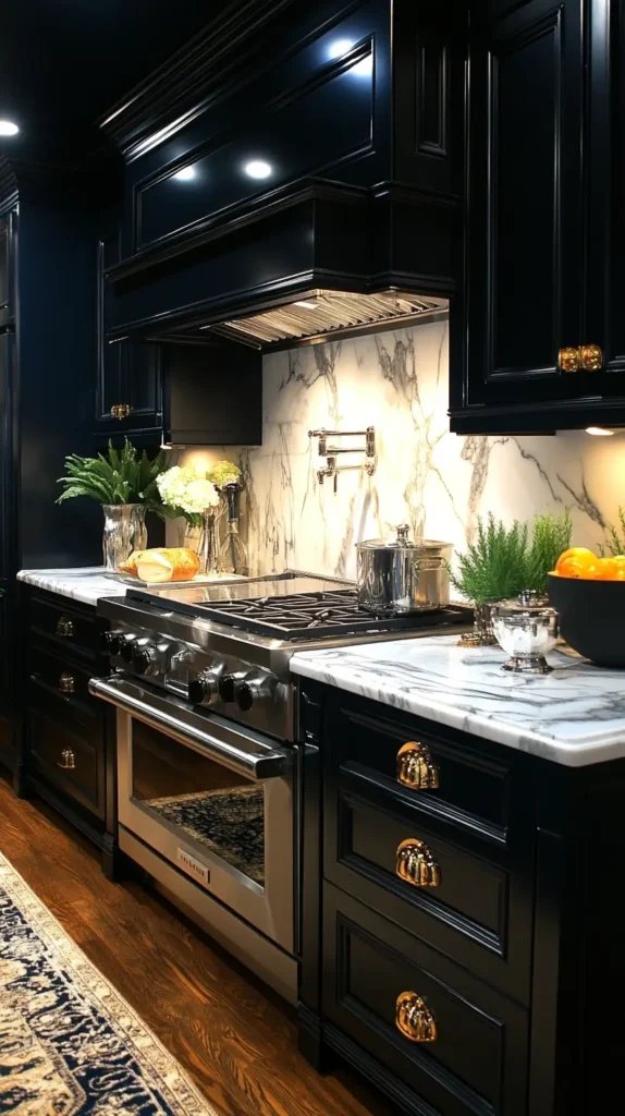 5. Black and Marble Kitchen Elegance