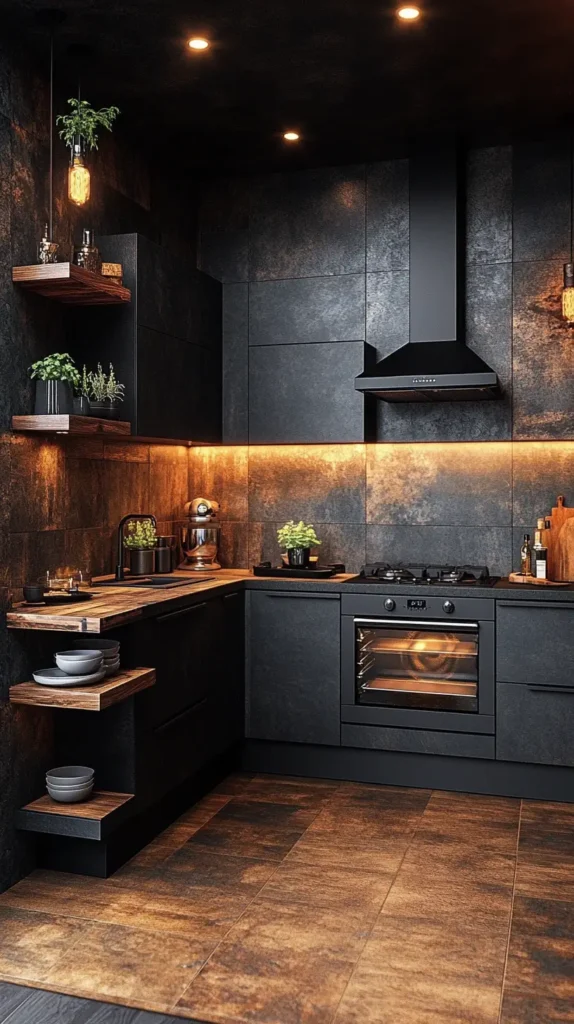 7. Black Kitchen with Wood Accents