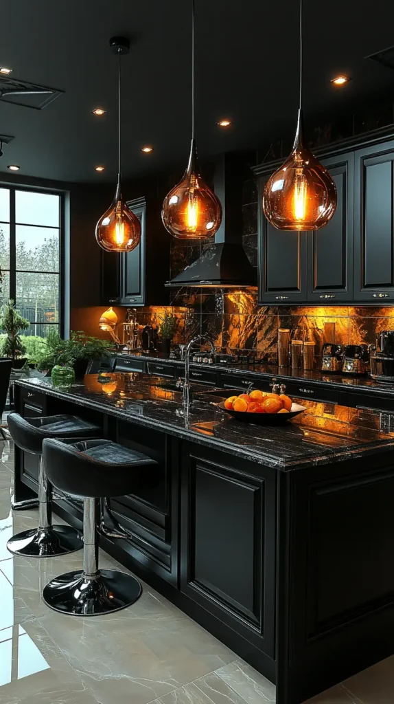 9. Black Kitchen with Statement Lighting